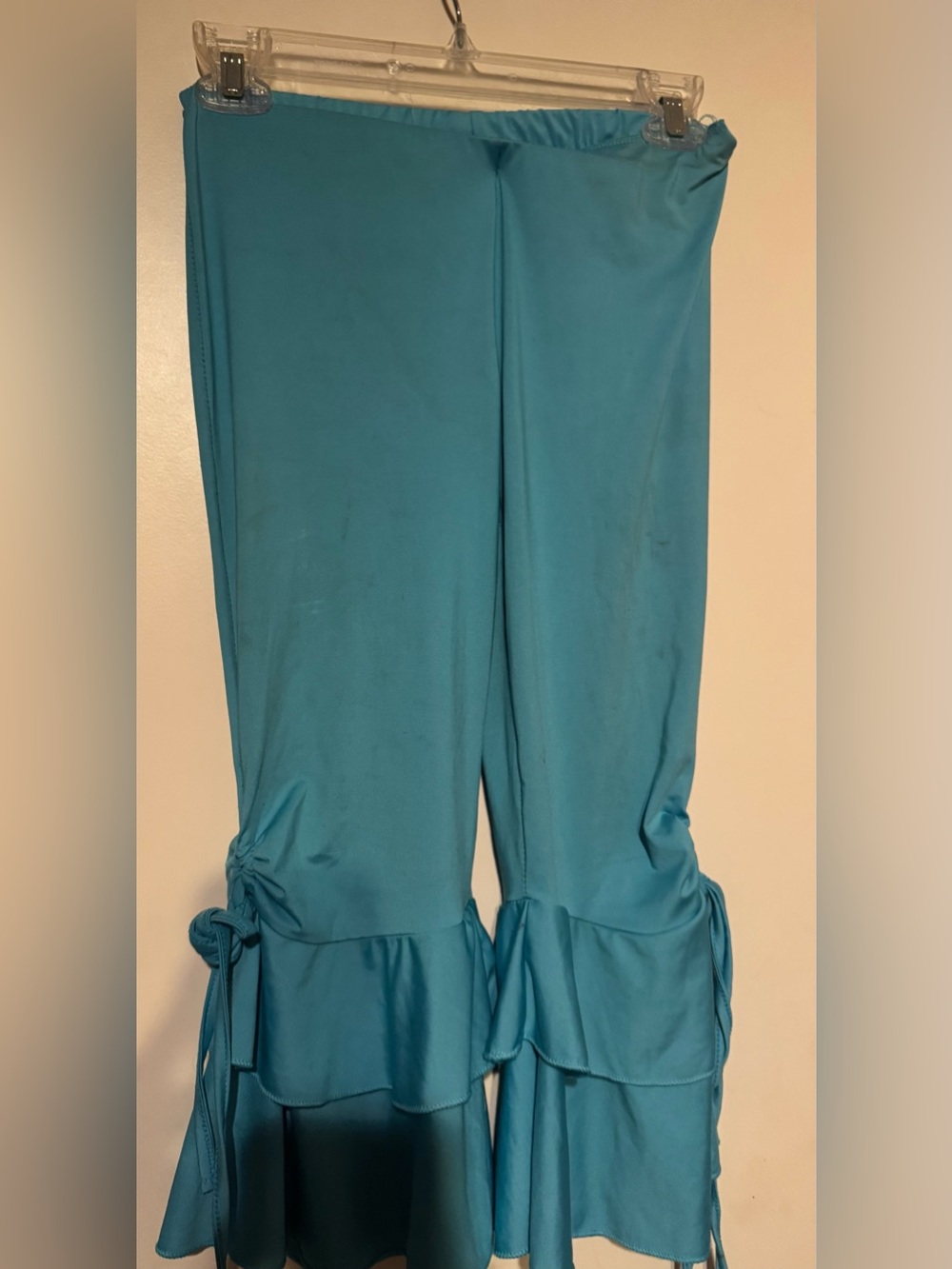 Light Teal Ruffle Hem Wide-Leg Pants Fusion Dance Capri Pants w Flair On End